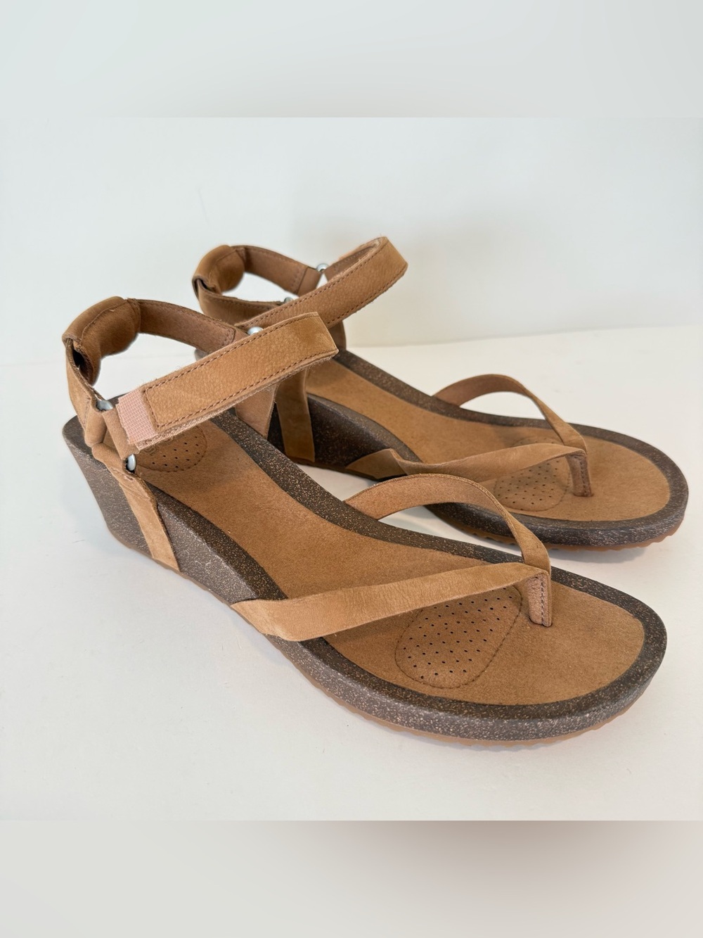 Teva Mahonia Wedge Thong Sandals Womens US 11 Leather Ankle Strap Brown Comfort